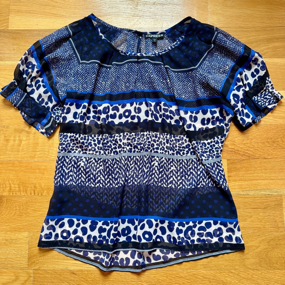 EXPRESS RETRO BLUE / BLACK SHEER WOMENS BLOUSE W PUFF SLEEVES | Size Small